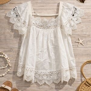 Timing White Lace Boho - Small Cottagecore Eyelet Crochet Romantic Summer Top